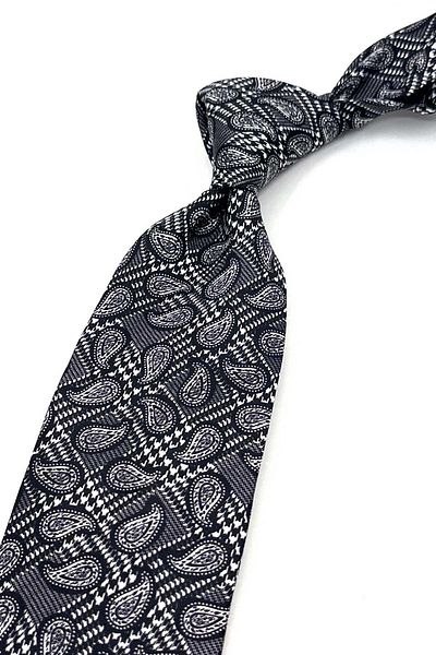 Kravatkolik Black - White Shawl Pattern Italian Silk Tie İk1691
