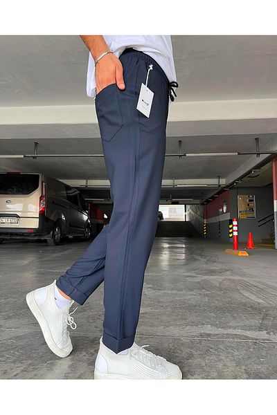 moda biz Men's Navy Blue Laced Waist Elastic Slim Fit Relaxed Fit Jogger Pants with Pockets