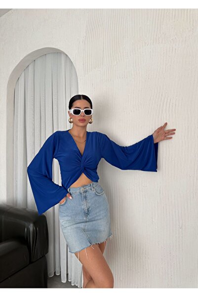 charme butik بلوزة نسائية سوداء بأكمام إسبانية ملتوية من الأمام