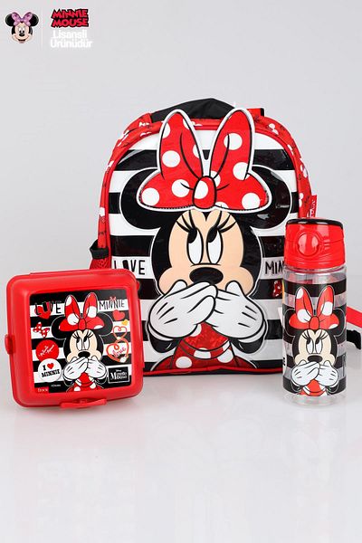 Minnie Mouse New Season Licensed - Kindergarten Bag, Feeding Bowl and Trian Flask 500ml School Set