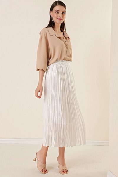 By Saygı Elastic Waist Lined Mini Checkered Thick Striped Long Chiffon Skirt