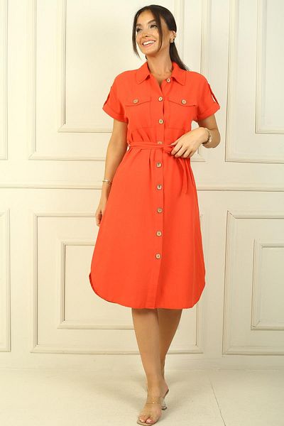By Saygı Double Pocket Front Button Waist Belted Linen Effect Dress
