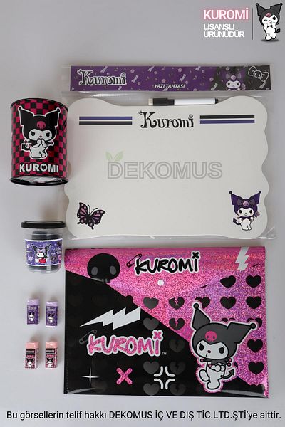 kuromi مجموعة قرطاسية مرخصة مكونة من 8 قطع - حصالة على شكل حيوان، لوح كتابة، عجينة لعب، 4 ممحاة وملف سريع