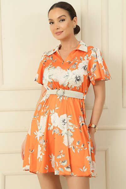 By Saygı Polo Neck Belted Lined Large Floral Satin Dress