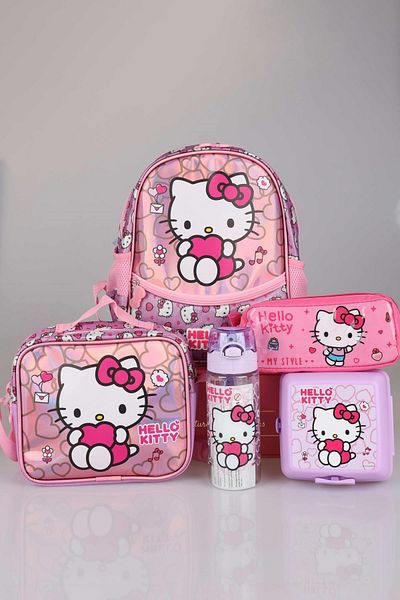 Hello Kitty طقم رياض الأطفال صغير الحجم بحجرة واحدة مقاس 32 سم - حقيبة تغذية وقلم رصاص، مع زجاجة مياه