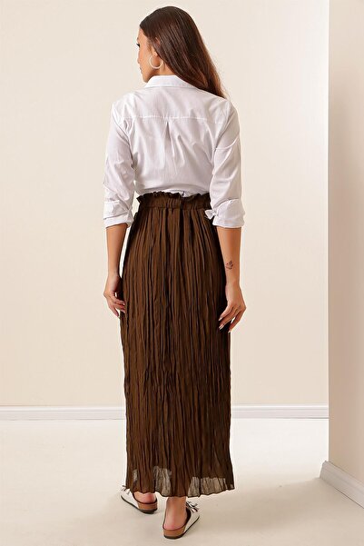By Saygı Elastic Waist Lined Pleated Long Chiffon Skirt
