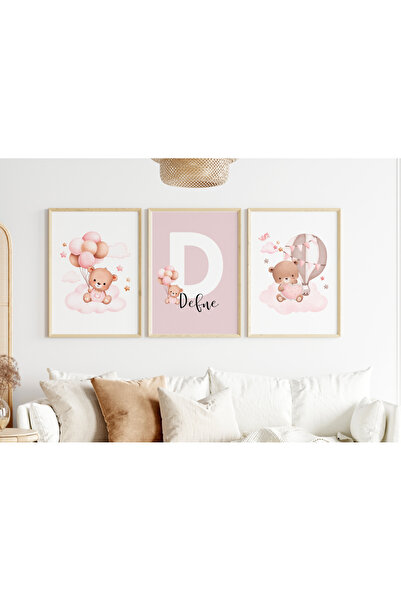 Efsa Sanat Tasarım İsme Özel Çerçeveli Kız Çocuk Odası Tablo Seti - Çocuk Odası Tablosu - Modern Tablo Seti