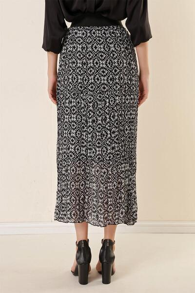 By Saygı Wide Elastic Waist Lined Star Pattern Three Layers Pleated Chiffon Skirt