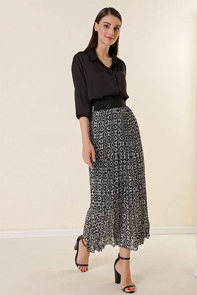 By Saygı Wide Elastic Waist Lined Star Pattern Three Layers Pleated Chiffon Skirt