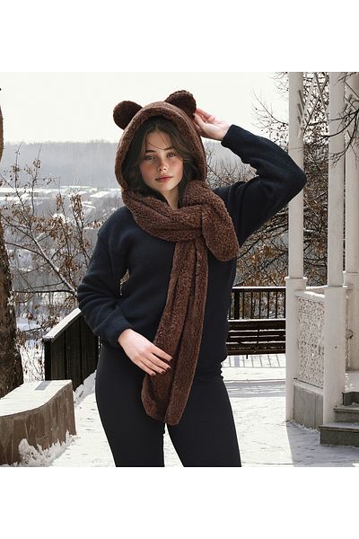 Özgüner Oyuncak Welsoft Plush Hooded Beret - Fleece Neck Collar Shawl - Windproof Hat with Ears