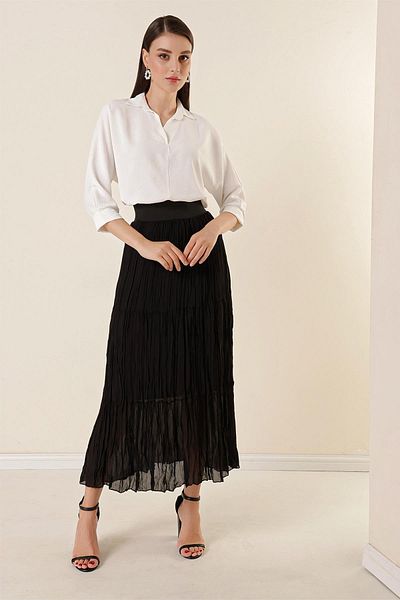 By Saygı Wide Elastic Waist Lined Three Layer Pleated Skirt