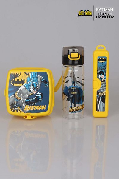 Batman مجموعة طعام باتمان المرخصة مع وعاء التغذية وصندوق فرشاة الأسنان وقارورة تريتان 3 قطع