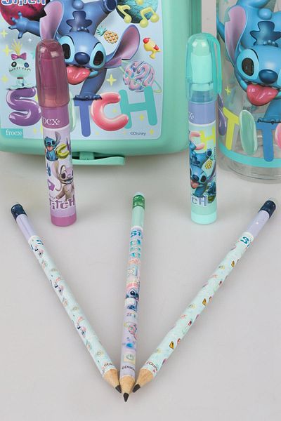 Stitch Lisan Stitch 500ml Water Bottle - Nutrition Bowl, 3 Pencils with Eraser and 2 Stationery with Rocket Eraser