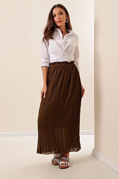 By Saygı Elastic Waist Lined Pleated Long Chiffon Skirt