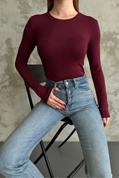 macharel jeans Claret Red Crew Neck Basic Long Sleeve Bodysuit