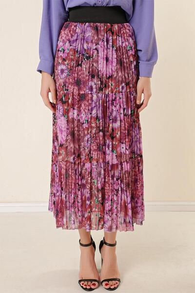 By Saygı Wide Elastic Waist Lined Chrysanthemum Patterned Three Layer Pleated Skirt