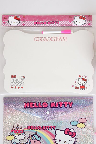Hello Kitty Lisanslı 7 Parça Kırtasiye Seti Kumbara,yazı Tahtası,çıtçıt Dosya,2 Adet Silgi,kalemtraş
