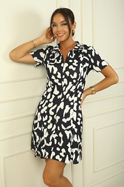 By Saygı Women's Front Zipper Leopard Print Pleat Detail Crepe Dress