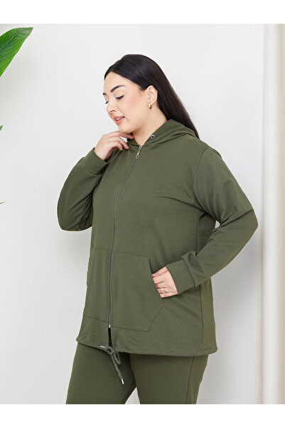 tarzımsüper Large Size Suit with Elastic Waist Comfort Model Hooded Zippered Pocket Sports Daily Tracksuit Set