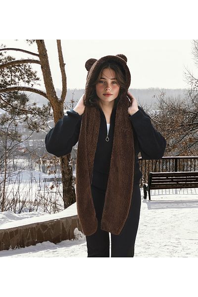 Özgüner Oyuncak Welsoft Plush Hooded Beret - Fleece Neck Collar Shawl - Windproof Hat with Ears