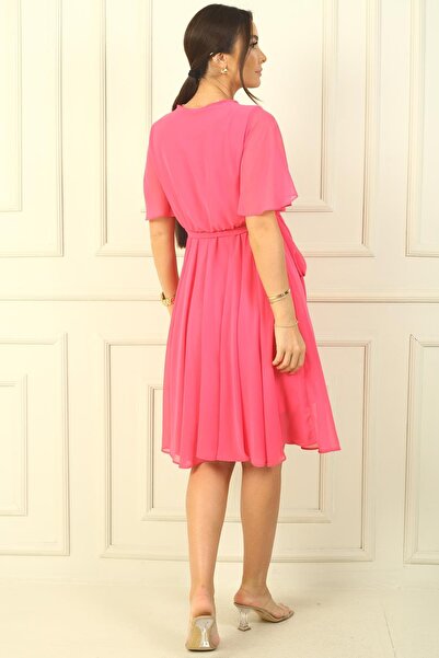 By Saygı Women's Double Breasted Neckline Flounce Sleeves Lined Chiffon Dress