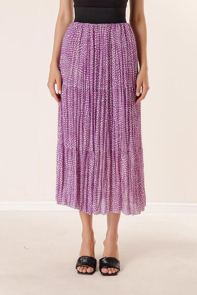 By Saygı Thick Elastic Waist Lined Spotted 3-Layer Chiffon Skirt