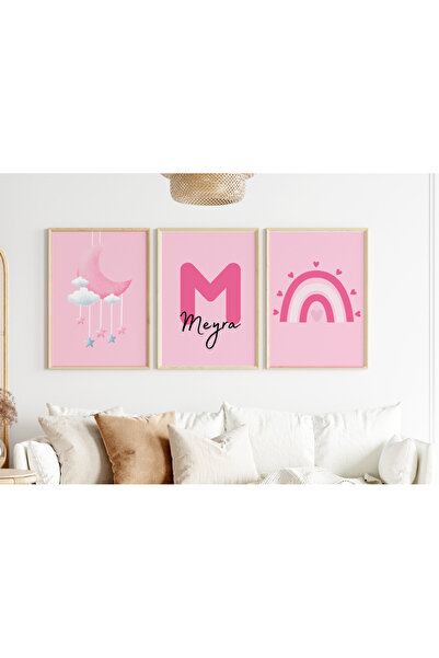 Efsa Sanat Tasarım İsme Özel Çerçeveli Kız Çocuk Odası Tablo Seti - Çocuk Oda...