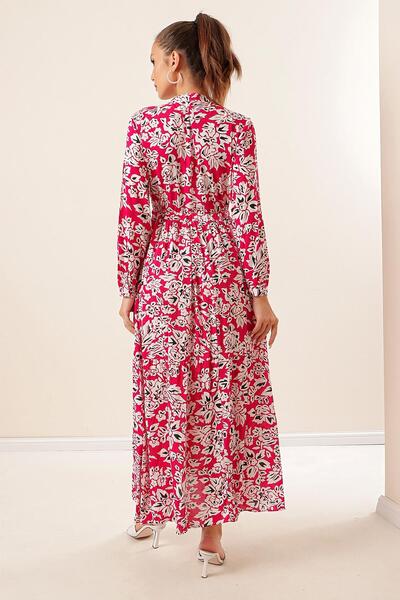 By Saygı Floral Long Viscose Dress with Button Front Lace up Waist