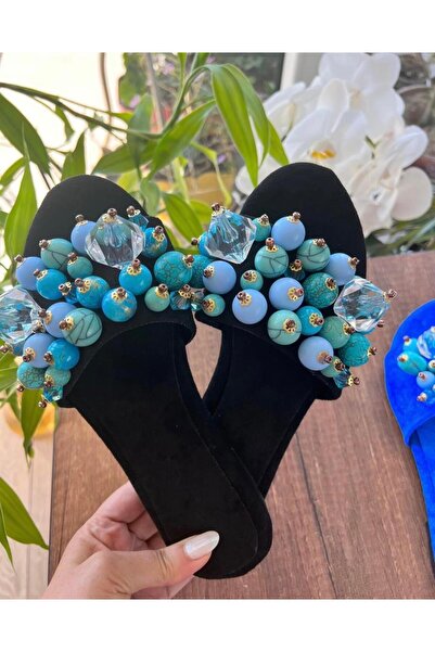 carweza Gigi Siyah Süet Mavi Boncuklu Terlik