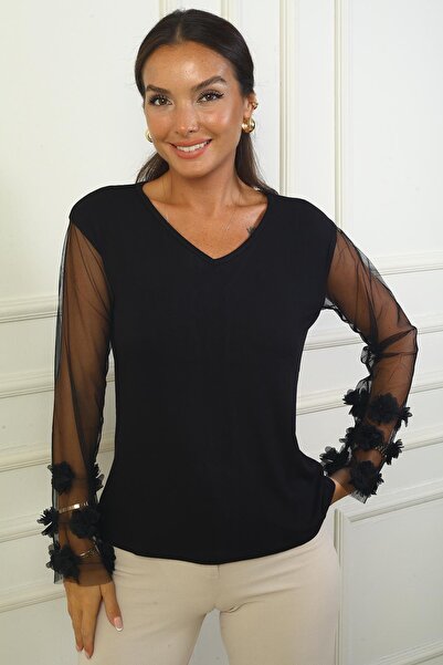 By Saygı 3D Floral Print Women's Blouse - Tulle Sleeve and Strawberry