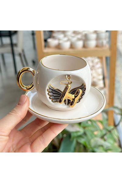 BSK Black Angel Patterned Letter Coffee Cup - Ceramics Handmade