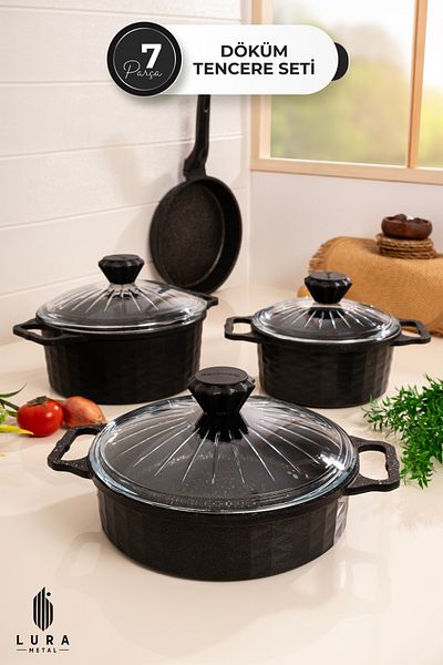 Skygo 7 Pieces Granite Cast Black Cookware Set - 3 Layers Granite Finish 27 cm