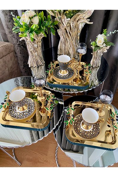 atabey home collection 6 قطع من صينية الزيتون الأخضر دالي الذهبية - صينية القهوة والشاي والعرض