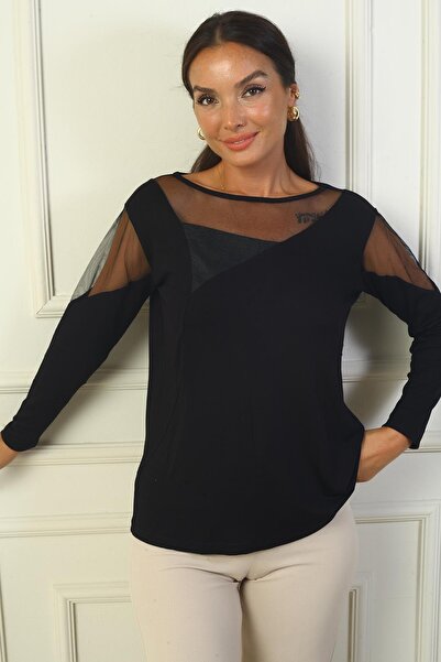 By Saygı Women's Strawberry Blouse with Asymmetric Cut and Tulle Detail