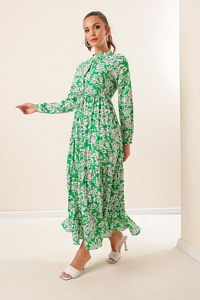By Saygı Floral Long Viscose Dress with Button Front Lace up Waist