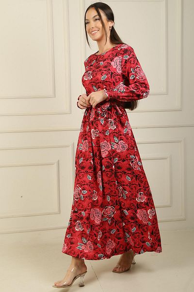 By Saygı Rose Print Seersucker Long Dress with Belted Waist and Sleeve Ends