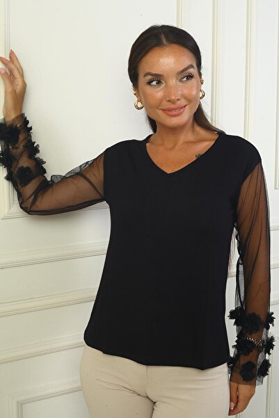 By Saygı 3D Floral Print Women's Blouse - Tulle Sleeve and Strawberry