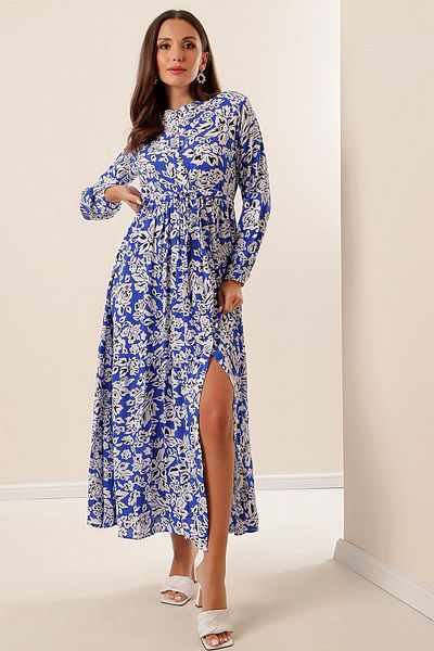 By Saygı Floral Long Viscose Dress with Button Front Lace up Waist