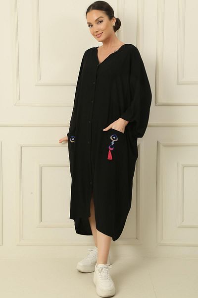By Saygı V-Neck Tassel Double Pocket Embroidered Oversize Comfortable Fit Long Viscose Dress