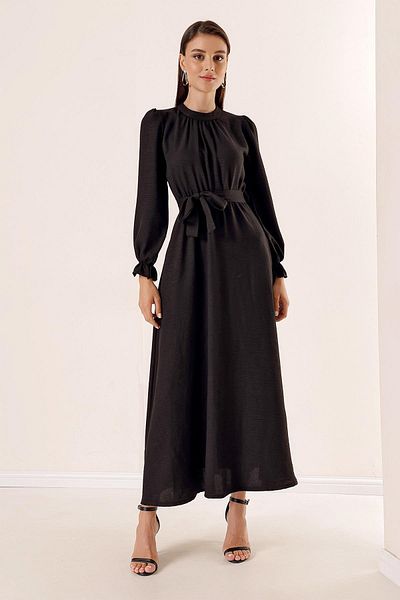 By Saygı Rochie lunga cu efect de in, cu talie cu curea si buzunare laterale