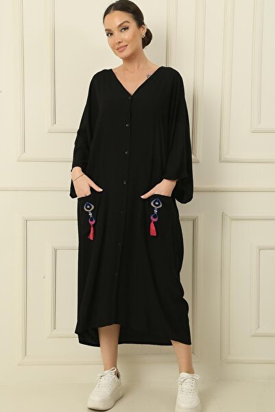 By Saygı V-Neck Tassel Double Pocket Embroidered Oversize Comfortable Fit Long Viscose Dress