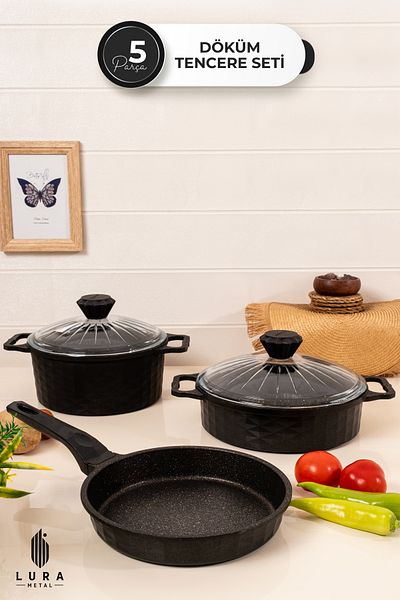 Skygo 5 Pieces Black Granite Cast Pot Set - Durable 3 Layers Granite Finish 27 cm
