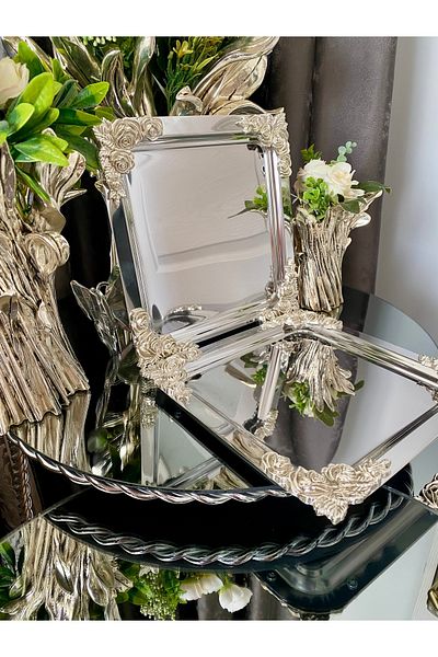 atabey home collection صينية تقديم شاي القهوة المربعة المصبوبة من المعدن - 4 قطع، موديل فضي