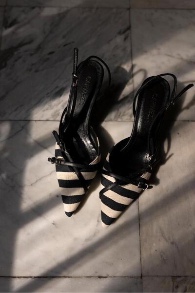 carweza Pantofi cu toc joasă cu bandă încrucișată din in negru bej Pina