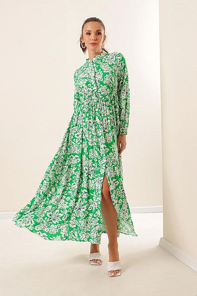 By Saygı Floral Long Viscose Dress with Button Front Lace up Waist