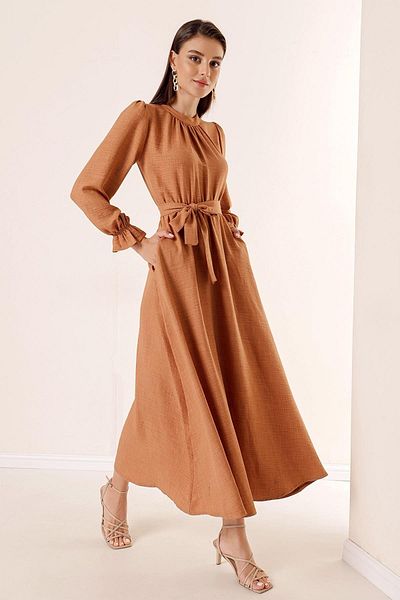 By Saygı Rochie lunga cu efect de in, cu talie cu curea si buzunare laterale