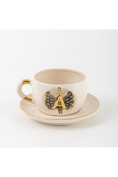 BSK Black Angel Patterned Ceramics Teacup - Letter A
