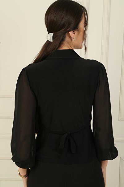 By Saygı Chiffon Sleeve Polo Blouse - Double Breasted Collar and Button Detail