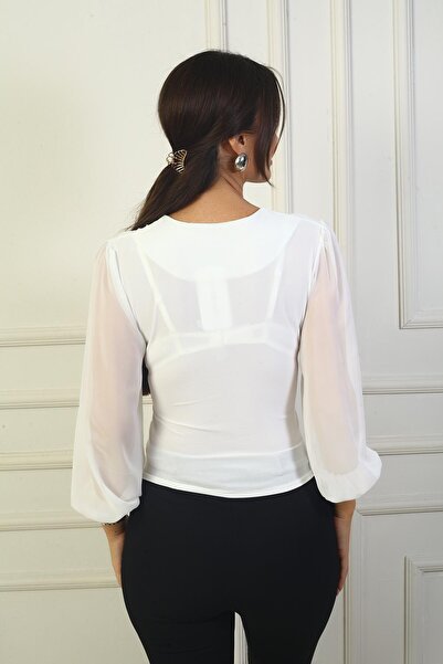 By Saygı V-Neck Chiffon Sleeve Stone Embroidered Strapless Blouse