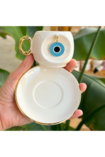 BSK Blue Ceramic Evil Eye Coffee Cup - Handmade